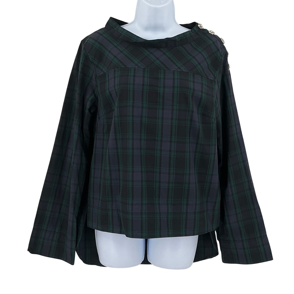 J.Crew Top Womens Sz 8 Plaid Crystal Button Embellished Navy Green‎ PoplinPreppy